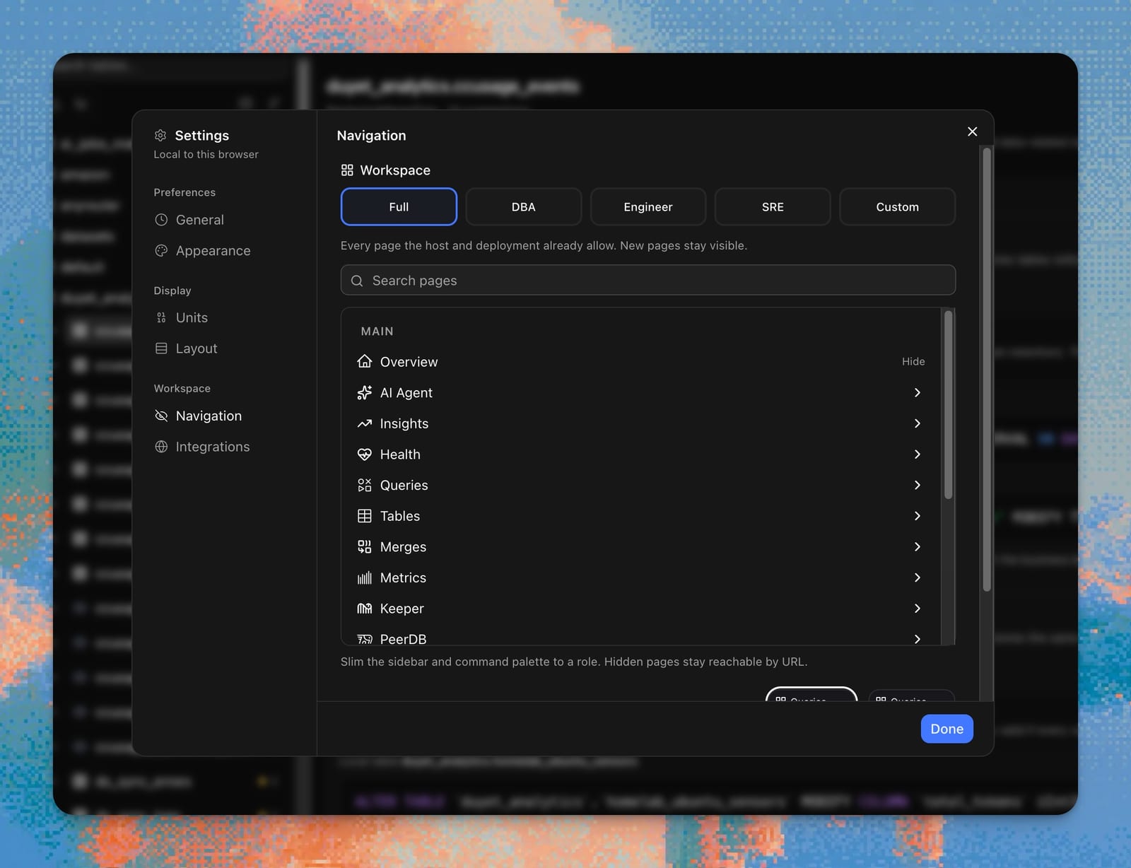 Settings Navigation with Full, DBA, Engineer, SRE, and Custom role presets