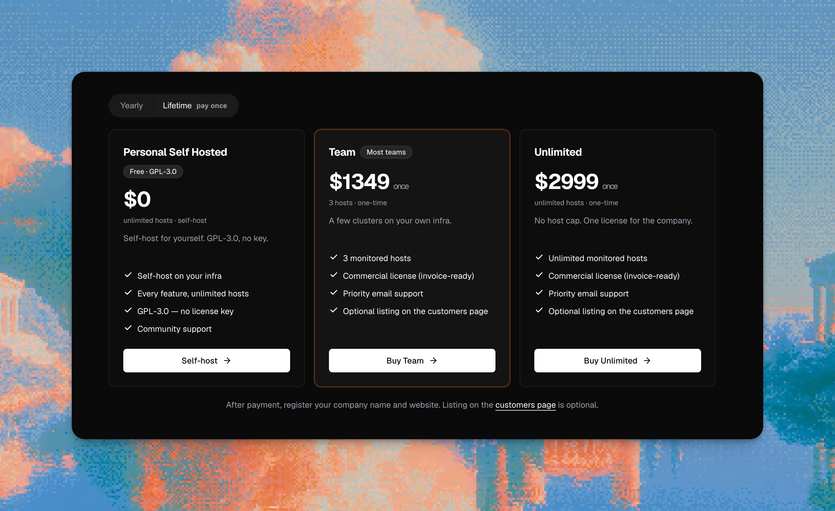 chmonitor pricing: Personal self-hosted at $0, Team at $499/year for 3 hosts, Unlimited at $999/year