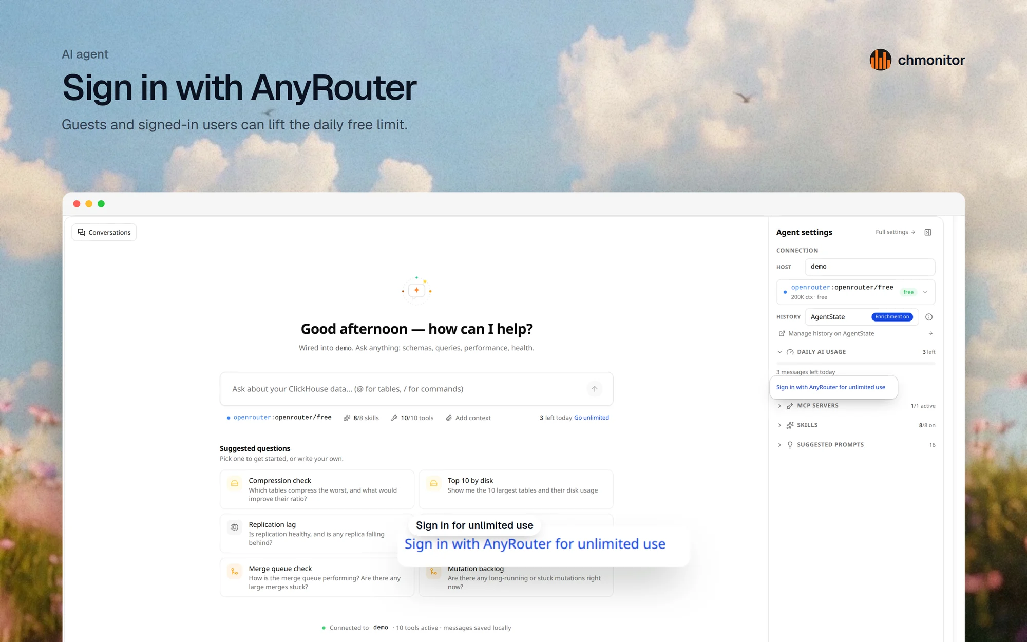AI chat with the agent settings panel and a Sign in with AnyRouter link
