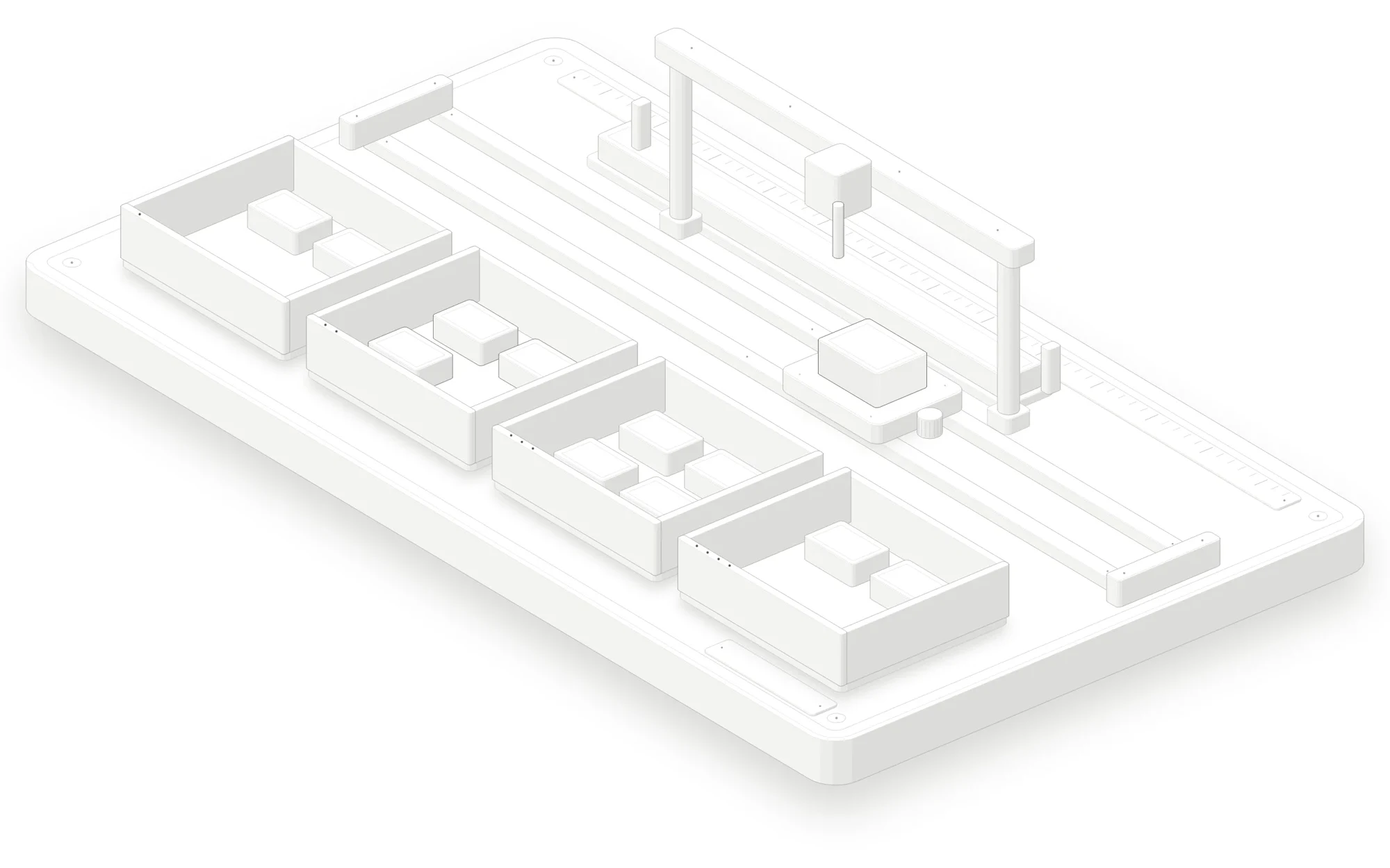Isometric figure of a triage bench: a detached part on a carriage is measured against the active part of its partition, then sorted into four review trays