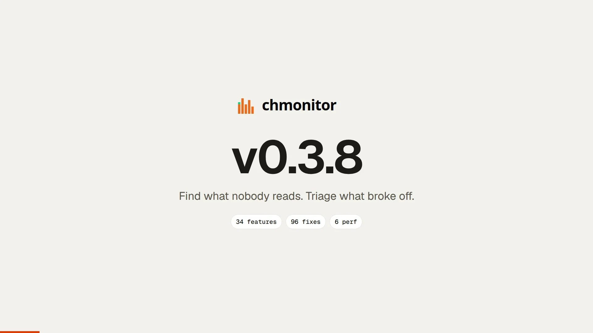 chmonitor v0.3.8 launch video title card with 34 features, 96 fixes and 6 performance changes