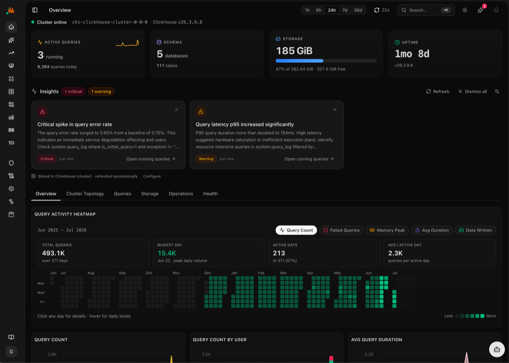 Overview page with a GitHub-style query activity heatmap